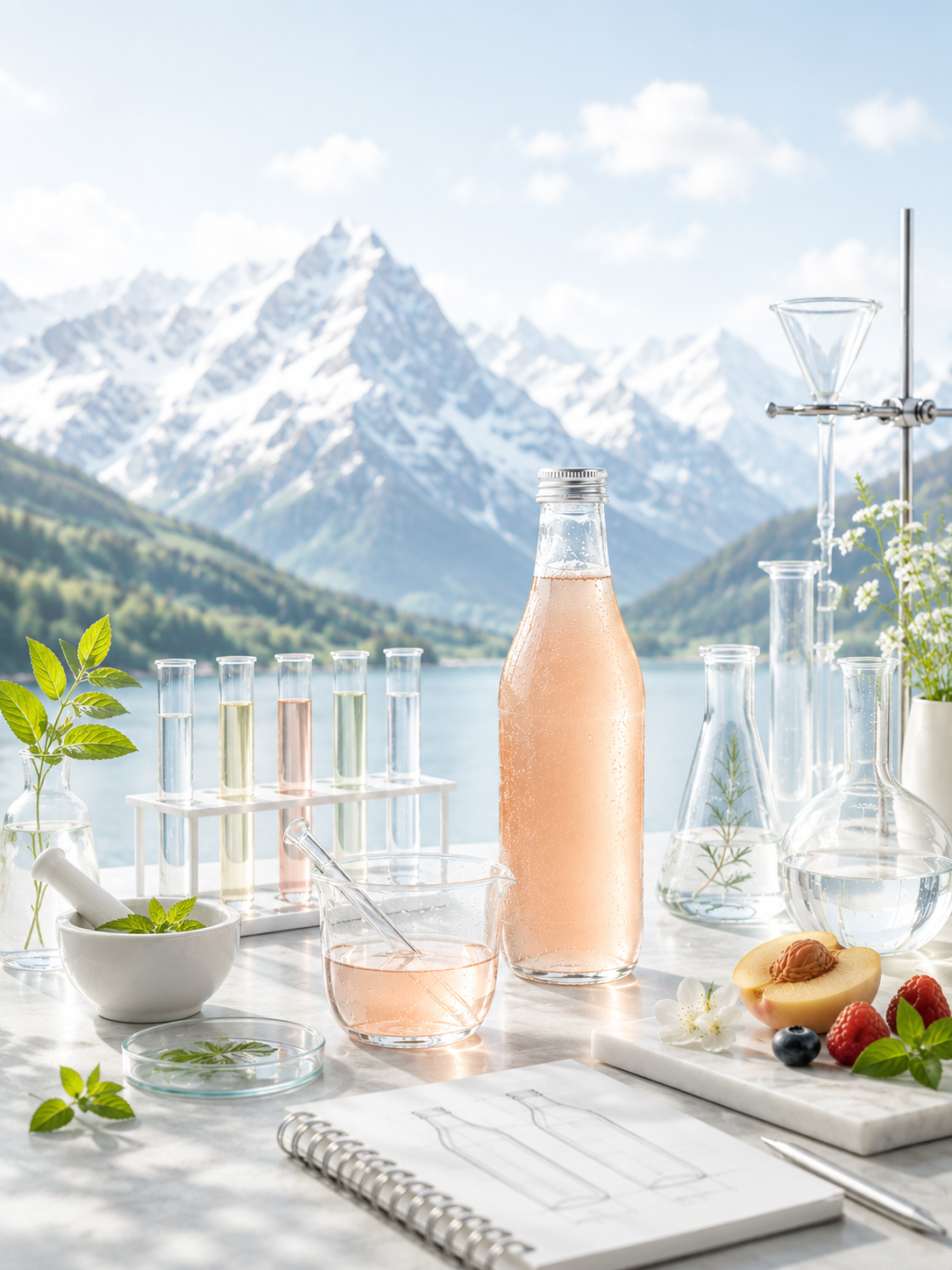 Beverage innovation laboratory scene with a sparkling drink bottle, botanicals and Swiss alpine landscape